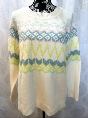 Loft Ann Taylor Fair Isle Sweater Wool Blend White Green Blue Women Large L